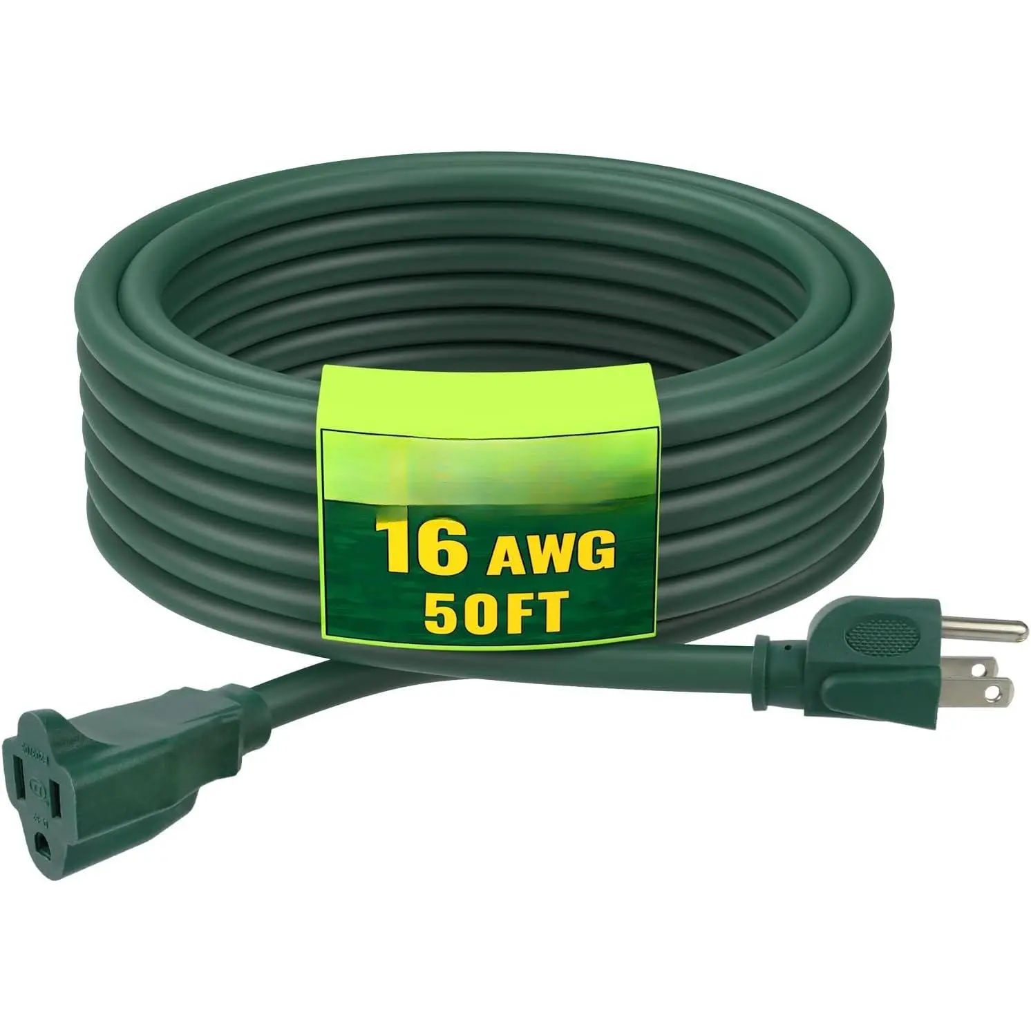 Indoor Outdoor Extension Cord 50 FT, 16/3 SJTW Weatherproof Green Electrical Cords, 13 AMP Heavy Duty 3 Prong Power   for Garden, Landscaping & Holiday Decorations