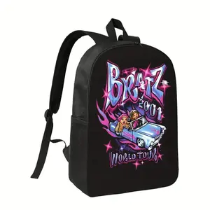 Bratz Women's Casual Backpack - Black with pink and blue graffiti car pattern, designed for the 2004 world tour, perfect for daily commutes and travel.