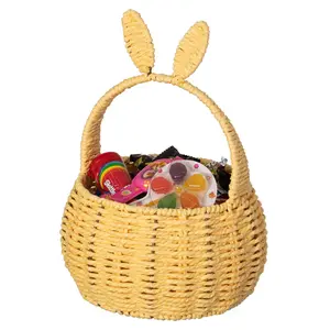 Wickerwise QI004723.YL Hand-Woven Easter Bunny Ear Basket with Handle Multi-Purpose Paper Rope Wicker Basket for Easter, Picnics, Flowers, Food Storage, Party, and Home Decor, Yellow