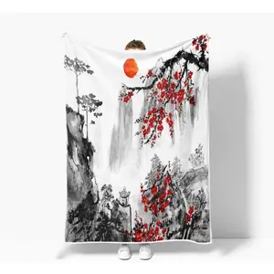 Japanese Cherry Blossom Throw Blankets, Asian Japanese Throw Flannel Blankets for Couch & Bed, Mount Red Sun Super Soft & Warm Blankets, Plush Cozy Fuzzy Blanket