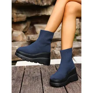 New Women's Round Toe Boots Knitted Short Boot Fashion Versatile Fall Winter Thick Sole Mid-Calf Sock Boots Large Size Casual Warm Boots