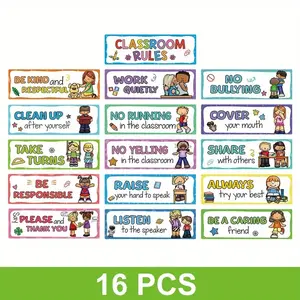 16 Classroom Rules Poster Set, Colorful Behavior Expectations Chart, Preschool, Kindergarten, Elementary, Teacher Decor, Durable Print