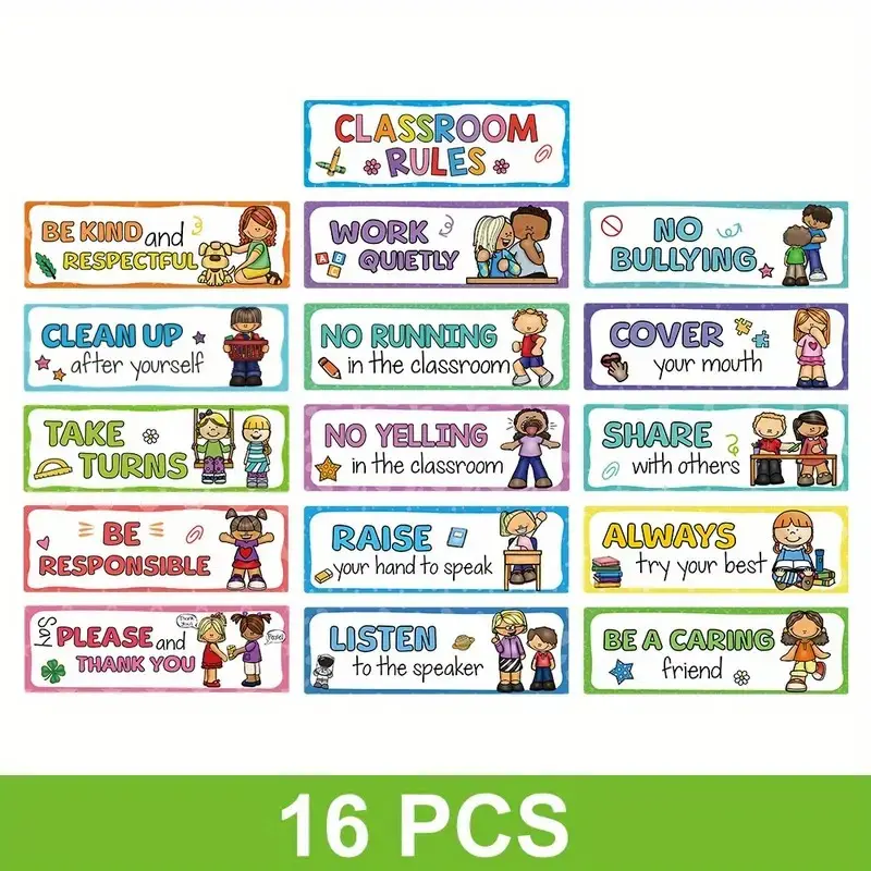 16 Classroom Rules Poster Set, Colorful Behavior Expectations Chart, Preschool, Kindergarten, Elementary, Teacher Decor, Durable Print, Classroom Supplies