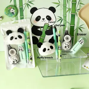 1 set of 5-piece high-value cartoon panda stationery set, creative stationery set, including neutral pen, pencil eraser, correction with panda brooch, suitable for school classroom rewards, unique gift creativity