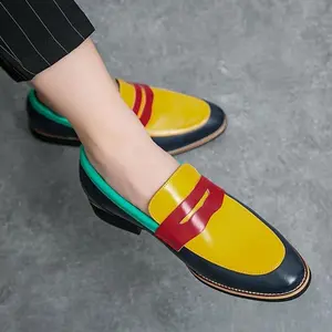 Men’s Colorful Slip-On Loafers – Casual pointed toe, low-top dress shoes with a glossy PU upper and rubber sole; versatile footwear suitable for office and casual wear. Available in blue and yellow.