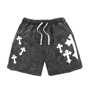 Men’s 2026 fashion cotton shorts—retro washed distressed look, trendy street Y2K snowflake design, American-style cross print. Comfortable fabric that is breathable and lightweight; suitable for surfing and basketball, ideal for all seasons. A premium gif