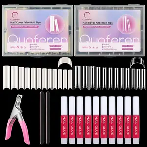 480PCS Extra Long C-Curve False Nail Tips with Glue, 2-Pack Natural & Clear Acrylic Professional Set, 12 Sizes Straight Square French Artificial Nails