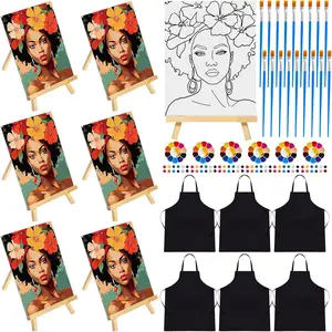 6 Set Pre Drawn Canvas for Painting for Adults Sip and Paint Kit with Easels 8 x 10 Inches Paint Party Kit with Printed Canvas Paints Brushes Palette Apron(Beauty and Flowers)
