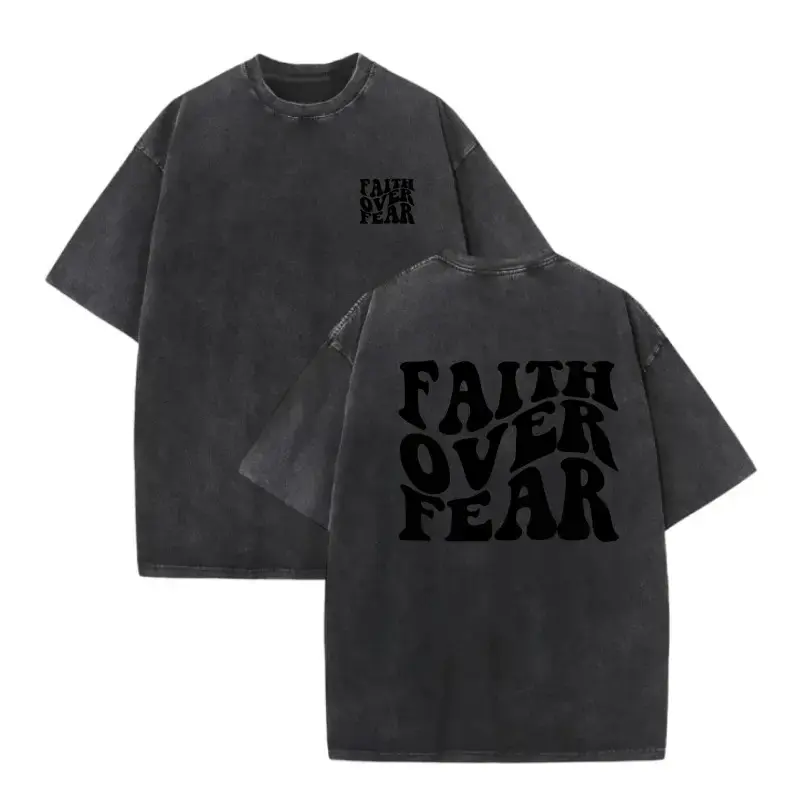 Men's 230gsm Cotton Baggy Short-Sleeve "Faith Over Fear" Graphic T-Shirt - Casual Menswear Apparel, Loose Fit Streetwear, Seamless Ribbed Crew Neck, Feathers, Foldable, 2XL-5XL, Cold/Machine Wash, Exceptional Quality, 7-Day Return Policy, Shortsleeve, Clo