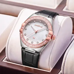 Fashionable ladies' quartz watch, natural mother-of-pearl dial, sparkling diamond star pattern, high-quality leather strap, sturdy and durable, good water resistance, suitable for parties and daily wear, ideal gift