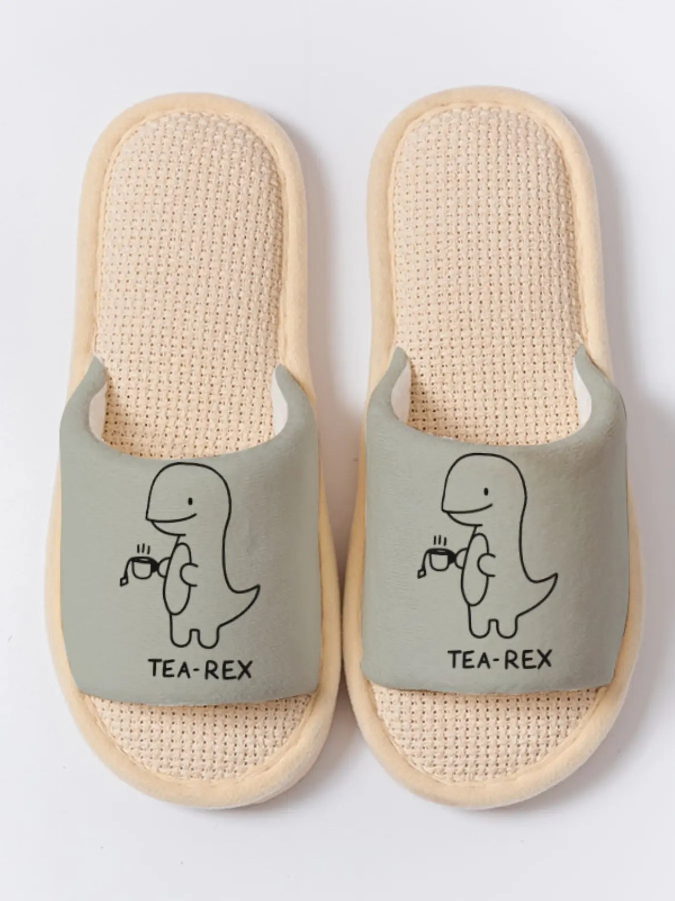 Cute Dino Print Playful 1 Pair Anti-Skid Linen Slippers, Cozy Breathable Lightweight All Season Home Shoes for Women Men Family Guest Daily Wear