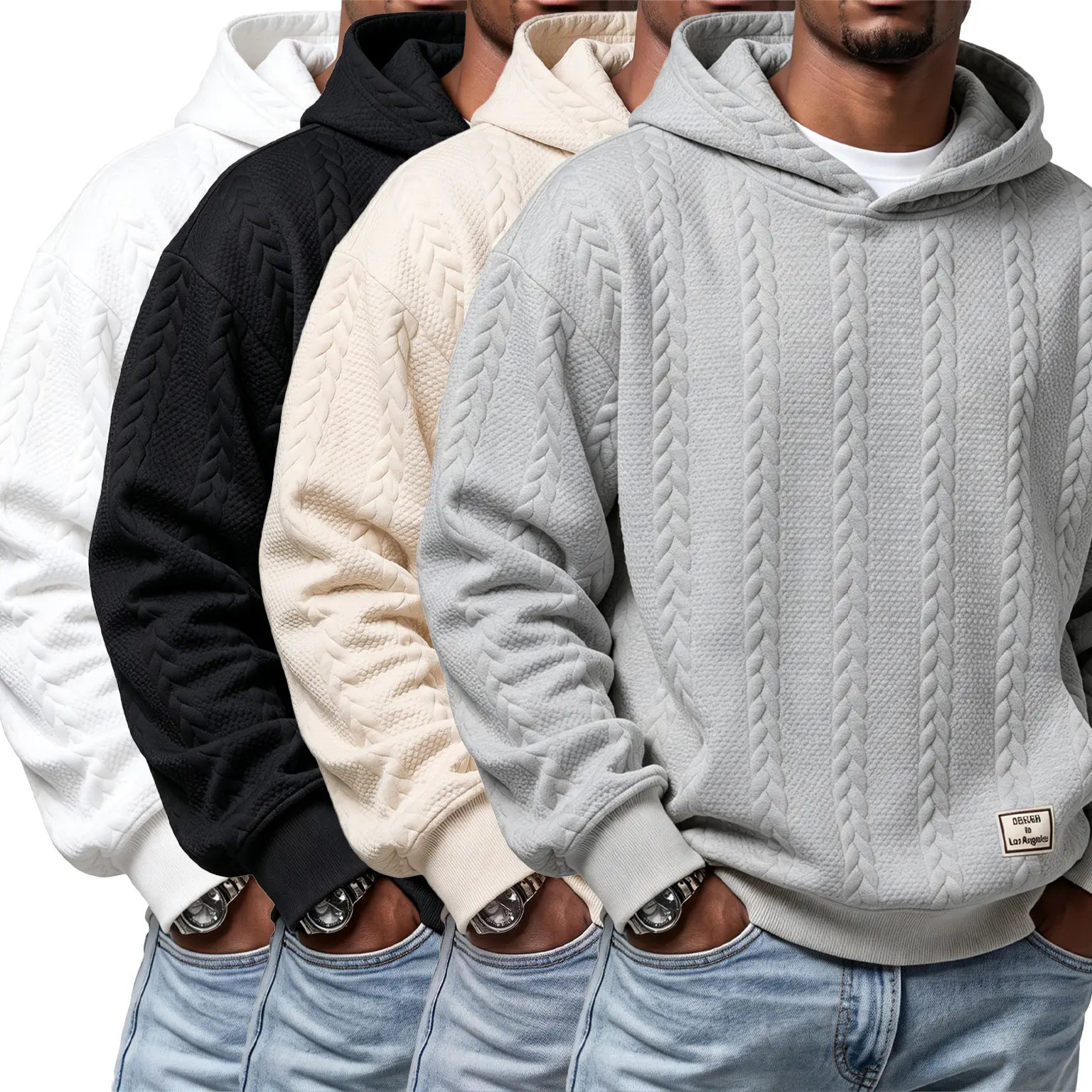 Men’s Essential Solid-Color Drawstring Pullover Hoodie - Long-Sleeves, Loose Drop-Shoulder, Textured Design, Suitable for Everyday Commuting & Casual Wear, Essential Hoodie, Jeans, Sweatshirts, Tops, Menswear