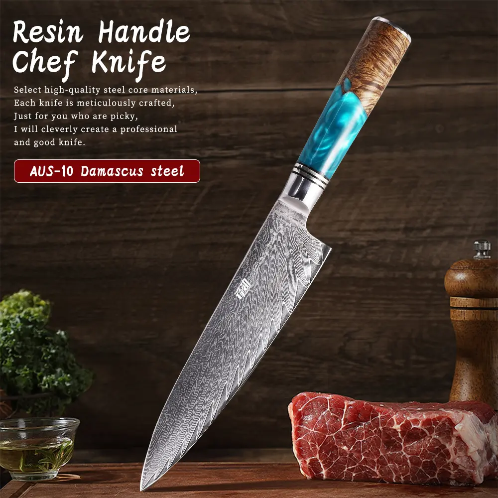 FINDKING 1pc 8 Inch Chef Knife, Japanese AUS-10 Damascus Steel Knife With Burl Wood and Resin Handle, Knife for Home Kitchen Use, Knife For Gift