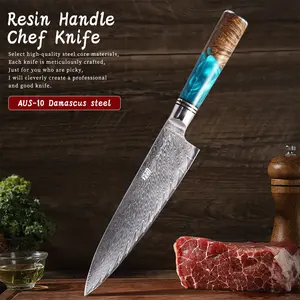 FINDKING 1pc 8 Inch Chef Knife, Japanese AUS-10 Damascus Steel Knife With Burl Wood and Resin Handle, Knife for Home Kitchen Use, Knife For Gift