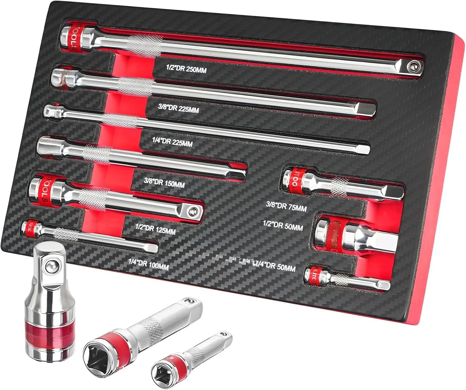 9 count Ratchet Extension Set, 1/4" 3/8" 1/2" Drive Extension Set, CR-V Steel with Mirror Chrome , EVA- Tray