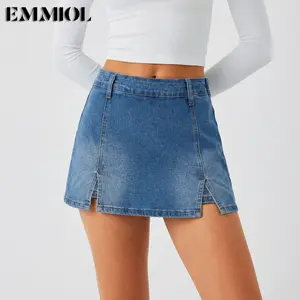 EMMIOL Denim Mini Skirt for Women - Mid-Low Waisted Stretch Side Zipper Skort Y2k Casual Jean Skirts with Shorts Underneath Summer vibes