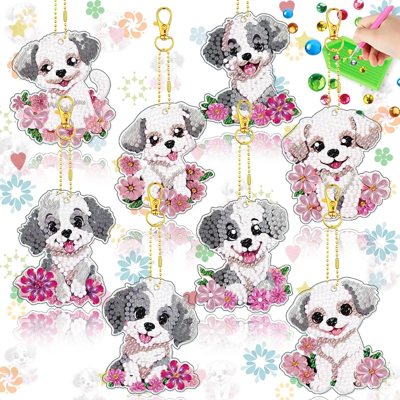 8-piece DIY diamond painting cute keychain, 5D diamond puppy art pendant, handmade art decoration, includes tool kit and key chain, suitable for adults, Bling Diamond Keychain