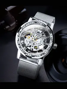 1pc Men Luxury Skeleton Mechanical Watch Luminous Hands Iced Out Dial Analog Watch Top Brand Mesh Stainless Steel Strap Business Casual Mens Watches Gifts With Box Watch Bracelet
