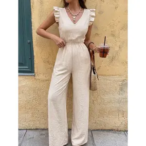 Lady's Beige Overalls Jumpsuit - Ruffle Sleeve, V-Neck, Sleeveless, Wide Leg, Elastic Waist, Flowy Casual Clothes for Vacation, Brunch Summer Womenswear