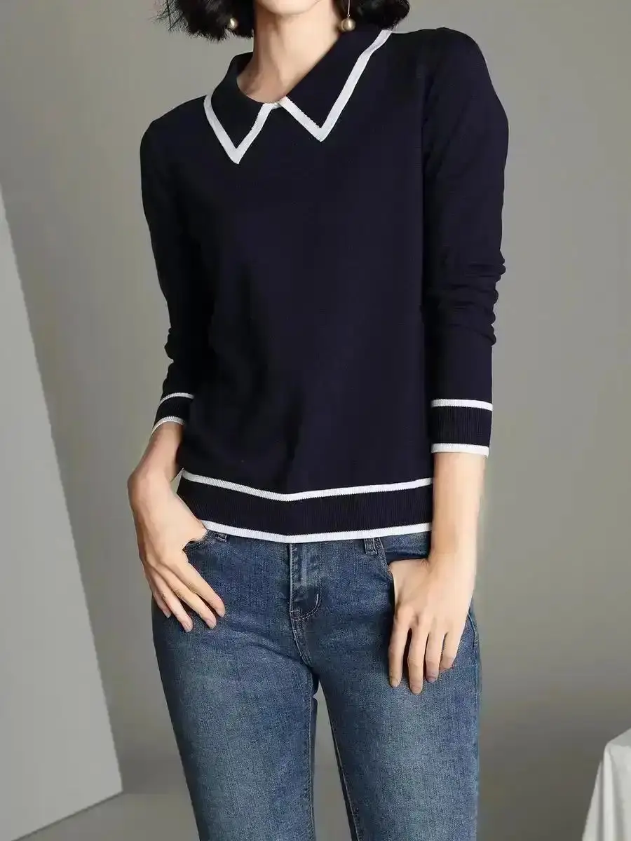 Fashion Women's Contrast Binding Collared Sweater, Casual Long Sleeve Jumper for Daily Outdoor Wear, Great for Layering in Cooler Weather, Designed to Keep You Stylish, Soft and Breathable Fabric