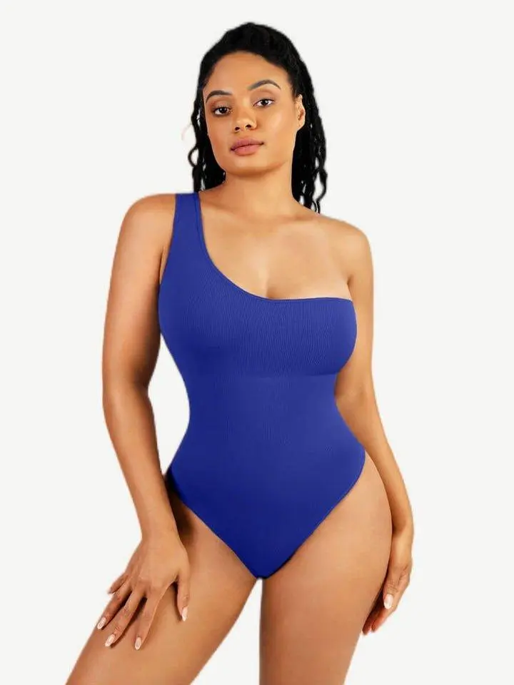Seamless One-Shoulder Waist Sculpting Tummy Control Body Bodysuit in Royal Blue - Nylon Spandex Blend with Ribbed Twill Fabric