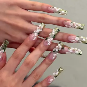 Elegant Floral Press-On Nails Set, Nude Green Gold Foil Design with 3D White Flower Details, Reusable Custom Nail Art for Weddings, Parties, Luxury Style and Gifts for Her