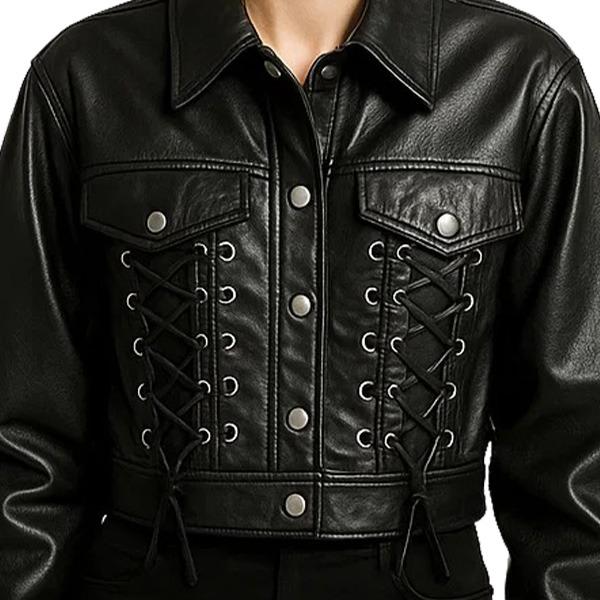 Women's Black Leather Lace-Up Corset Jacket – Cropped Moto Style with Snap Button Closure