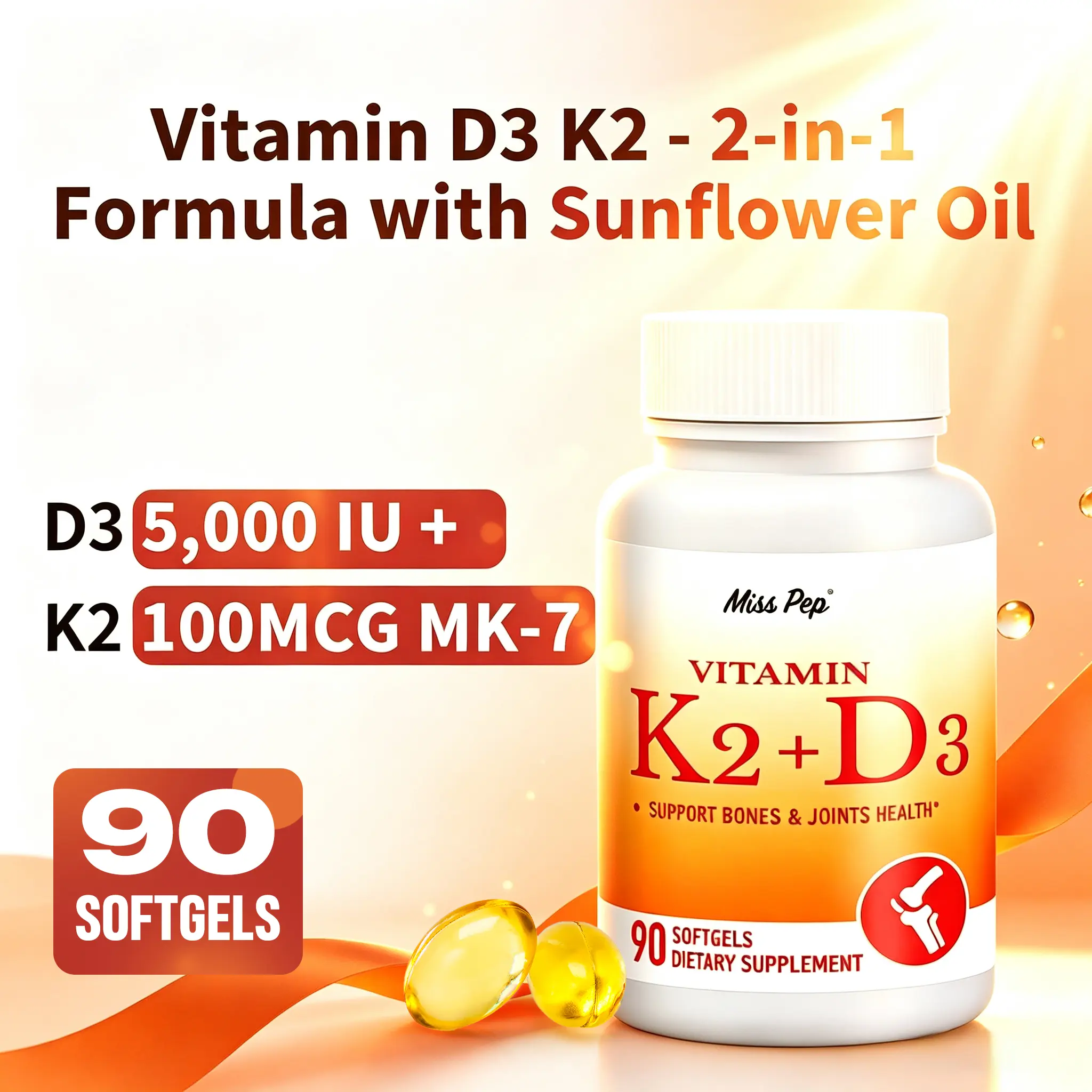 MissPep Vitamin D3-K2 Blended Dietary Supplement - 5000IU D3, 100mcg K2 MK-7, Prop 65 Safe, Supports Strong Bones, Teeth & Muscle Health, Aids Calcium Absorption & Daily Nutritional Needs