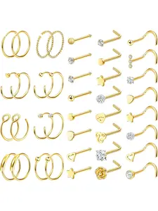 23/40 Pieces Nose Piercing Nose Ring 20G Silver Nose Piercing Surgical Steel Set L-Shaped Gold Nose Stud Nostril Piercing Ring with CZ Nose Piercing Jewelry Body Piercings Set for Women Men Nose Piercing Kit