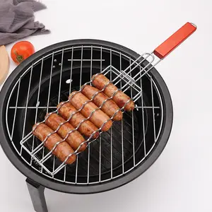 Wood Handle Hot Dog BBQ Grill Fork Non-Stick Ham Sausage Grilling Net, BBQ Grill Accessories, Grilling Tools, Grill Utensils, Multi-Functional Outdoor Camping BBQ Tool
