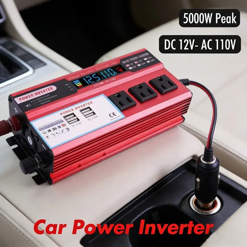 Universal Car Power Inverter 3 AC Power Outlets 4 USB Charging Ports DC 12V to 110V AC 5000W Peak Power Compact Vehicle Converter for RV Truck Boat Camping Outdoor Travel Emergency Backup Power