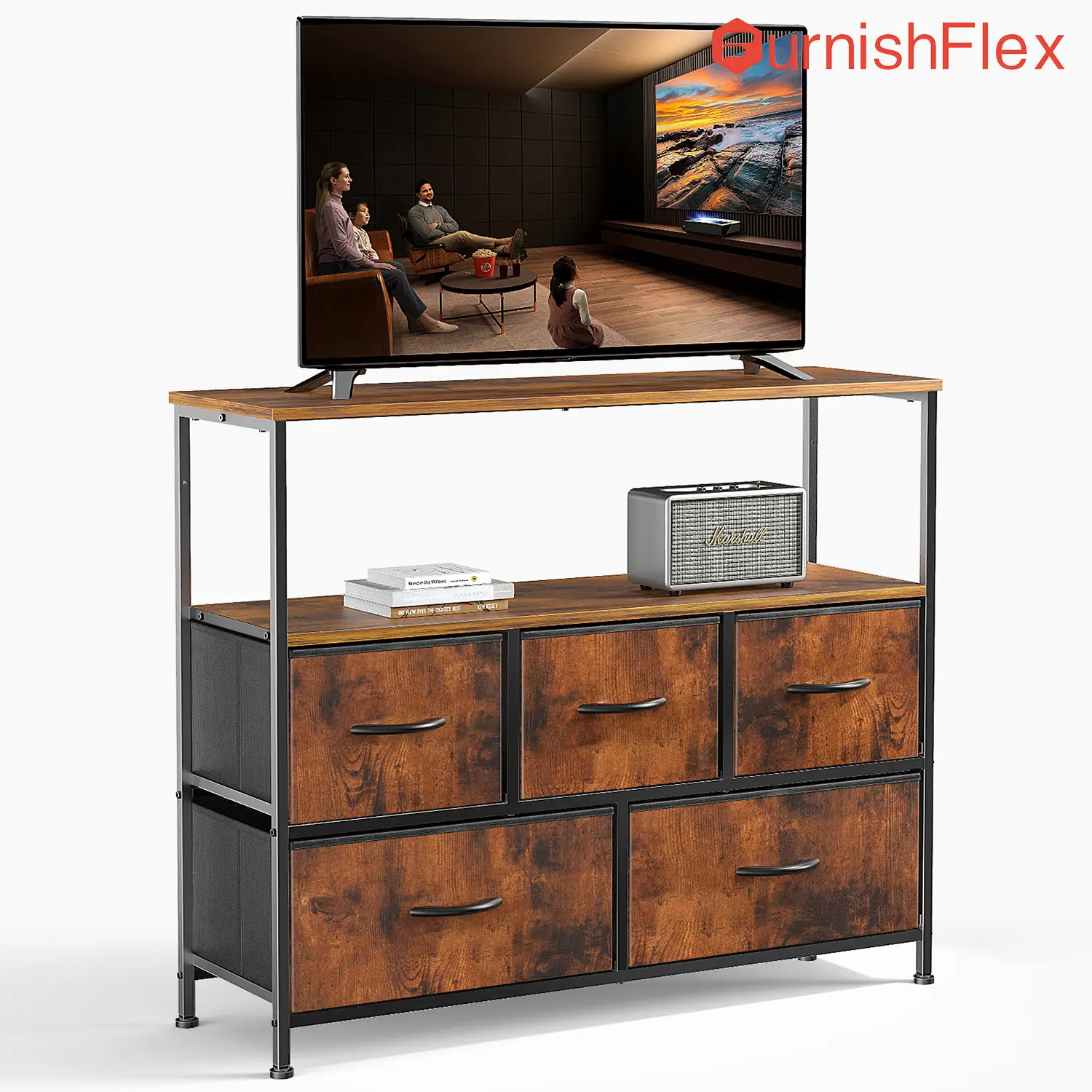 【Deal】SweetFurniture Dresser TV Stand, Entertainment Center with 5 Fabric Drawers, Media Console Table for TV with Open Storage Shelf Dresser for Bedr