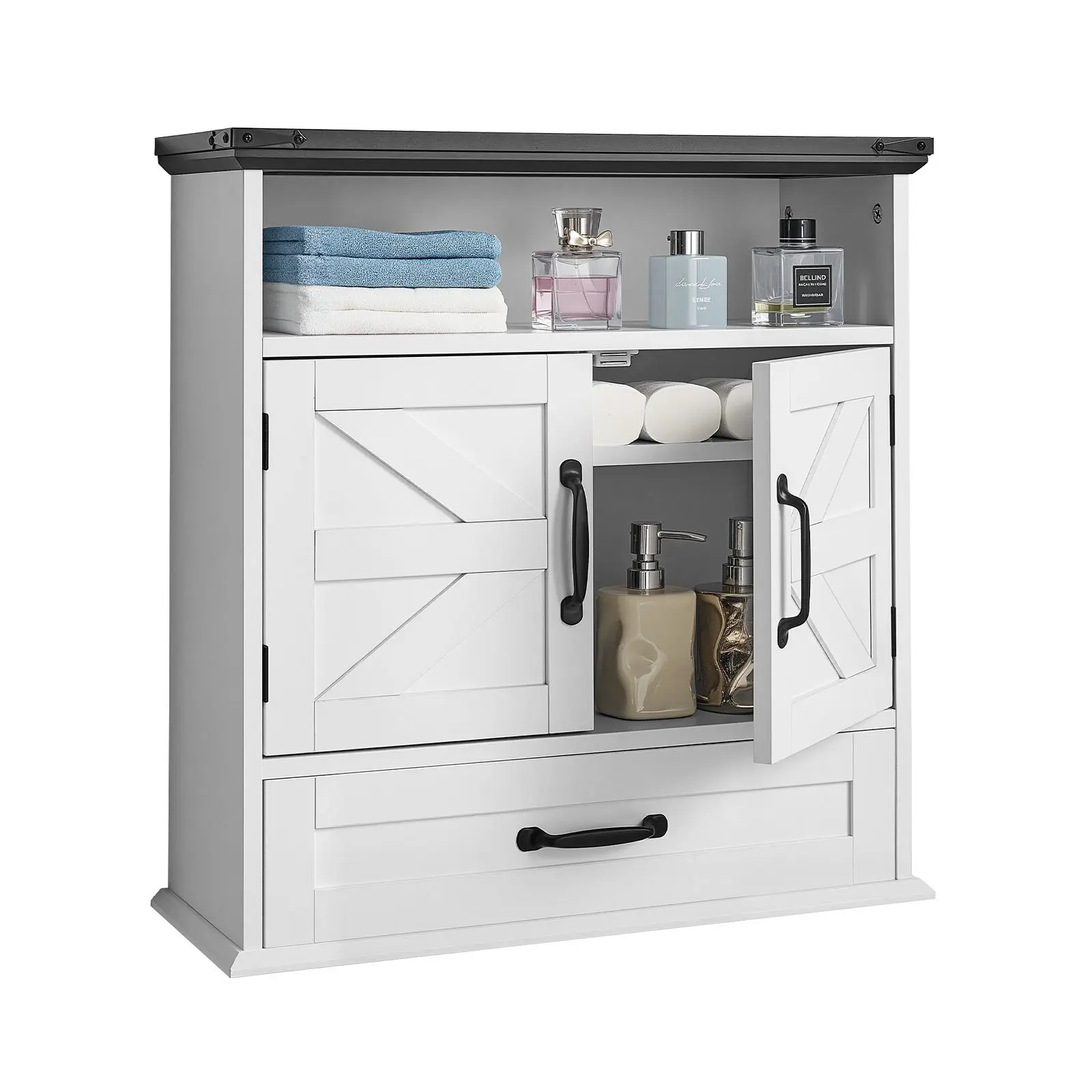 White Compact Drawer Storage Wall Cabinet - 2 Doors, Adjustable Shelf, Drawer, Open Partition, Clever Storage, Easy Access, Layered Organizer, Over-the-Toilet Organizer, Easy-Install for Bathroom, Laundry Room, Compact Drawer Storage Wall Cabinets