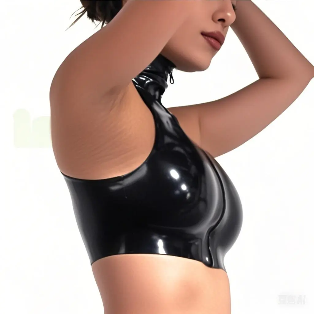 Women's Latex High Neck Crop Top Sleeveless Zip Up Bodycon Fitted Tank Y2K Goth Clubwear