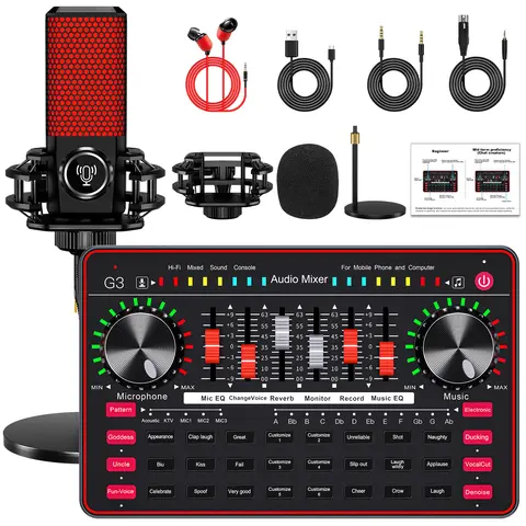 Tenlamp G3-Q8 Podcast Microphone bundle Live Sound Card Streaming Audio Mixer, Podcast Equipment with Voice Changer/Audio Interface for Live Streaming/Singing/Content Creation, with Voice Effects Soundboard