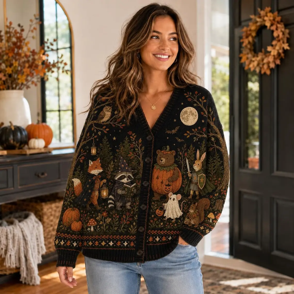 Cottagecore Halloween Cardigan, Woodland Animal Knit Sweater, Ghost Pumpkin Fall Cardigan, Cozy Autumn Outfit
