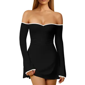 OYS Women's Off Shoulder Long Sleeve Sweetheart Neck Ruched A-Line Mini Party Dress for Autumn Elegant & Versatile Style