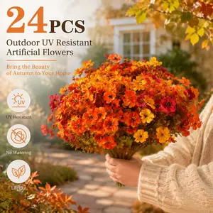 24pcs Autumn Eucalyptus Violet Artificial Flowers Outdoor UV-Resistant No Pot Included Fall Flower Bouquet Balcony Garden Decor No Maintenance Halloween Thanksgiving Beer Festival