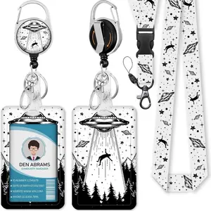 Lanyards for Id Badges, Badge Holder with Retractable Badge Reel Clip, Art UFO Night Work Card Name Tag Keychain Lanyard Vertical ID Card Protector for Women Nurse Doctor Teacher Student