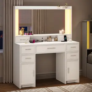 AOGLLATI Makeup Vanity Desk with Mirror and Lights, White Vanity Table with 3 Color Lights, 7 Storage Drawers and Large Mirror