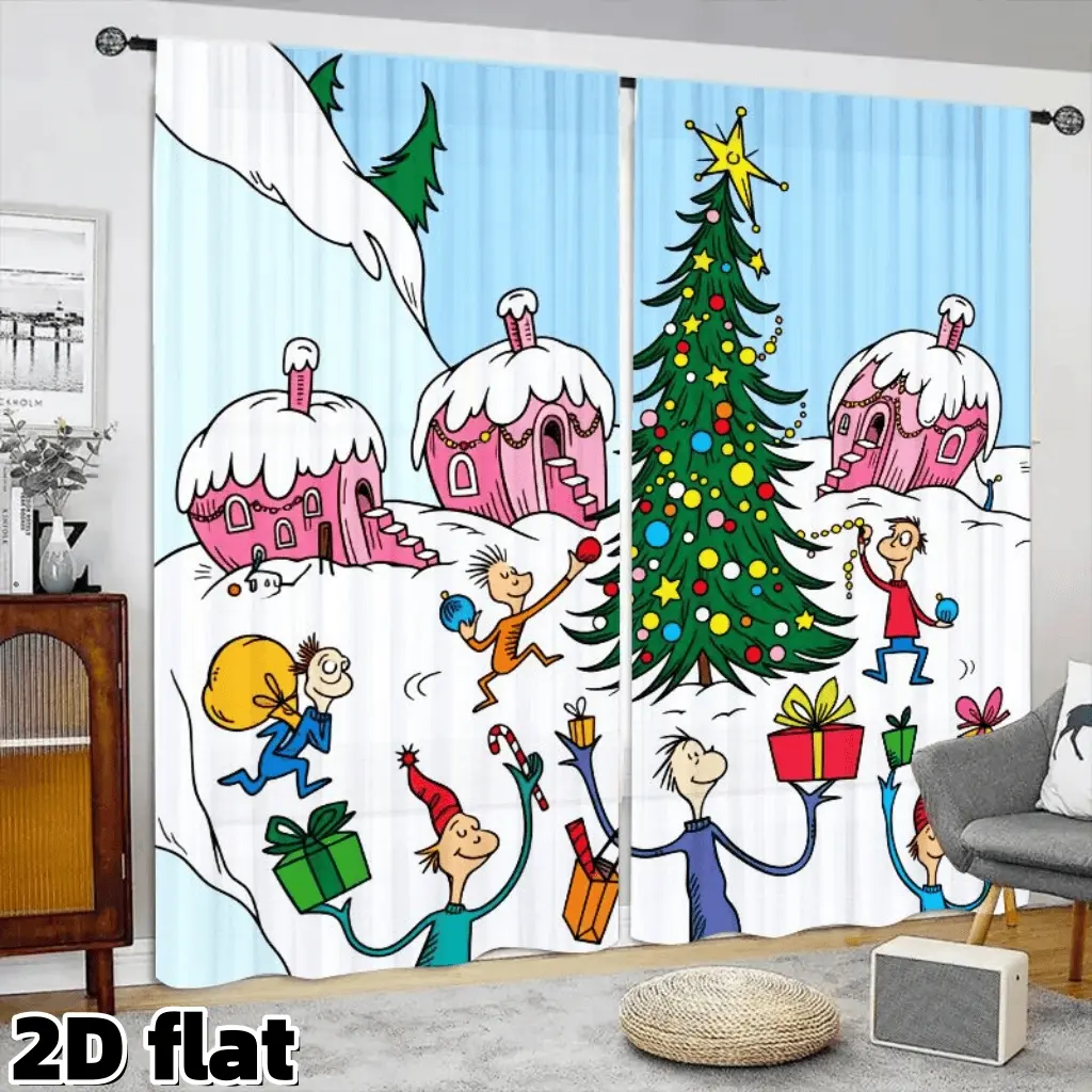 2D Flat 2Pcs Christmas winter village printed curtain panel, Window curtain panels, cartoon characters and tree elements, semi sunshade pocket style, suitable for home decor, Christmas gift