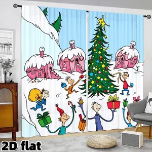 2D Flat 2Pcs 2-piece , Christmas winter village printed curtain panel, cartoon characters and tree elements, semi sunshade pocket style, suitable for home living room, bedroom, balcony, kitchen, study and shower window decoration, Christmas gift