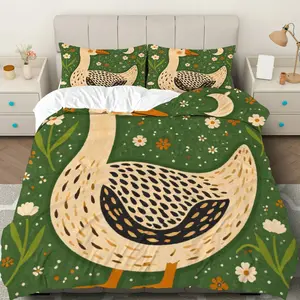 3PCS Duvet Cover Set, 1 Duvet+2 Pillowcases(Without filler), Goose Floral Nature Green Animal Theme, Spring Bedding Set, Soft Comfortable Pattern Suitable for decoration Bedroom Living Room Guest Room Dormitory.
