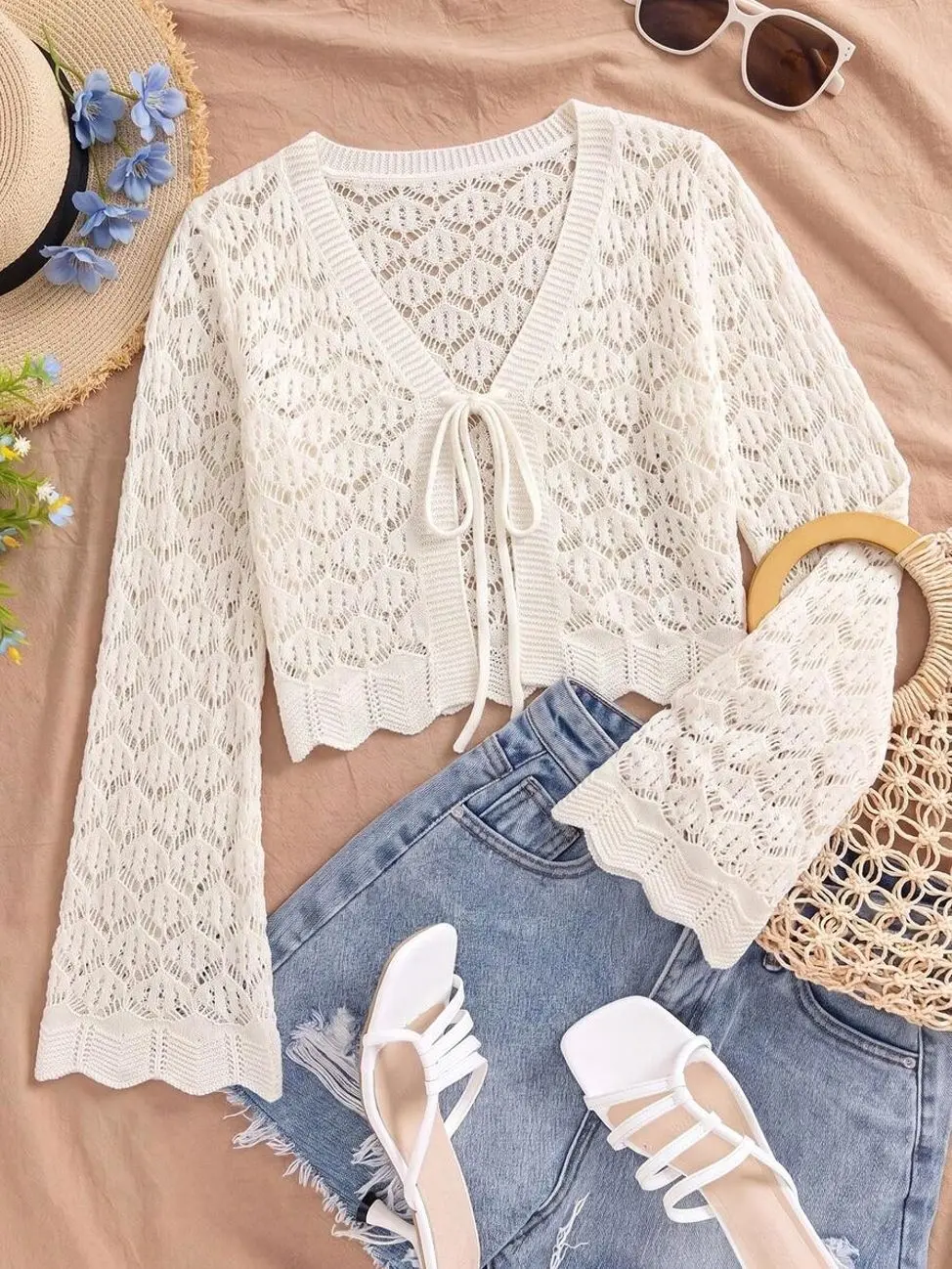 Textured Sheer Open Front Long Sleeve Cardigan, Boho Beach Cover-Up for Vacation and Music Festivals