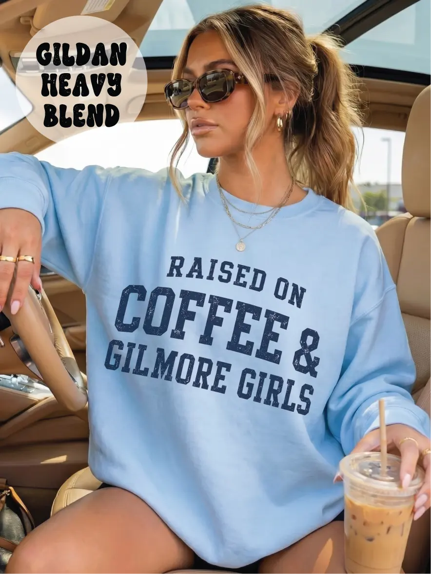 Women's Comfy Fleece Raised on Coffee Crewneck Sweatshirt, Unisex Everyday Casual Cute Top Printed in the USA