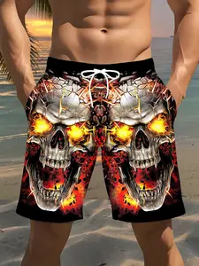 Men's Skull Flame Pattern Beach Shorts, Fashion Printed Casual Pants, Summer Outdoor Gym Shorts, Fitted H-Type Short Pants, Drawstring Beach Shorts, Casual Fashionable Shorts