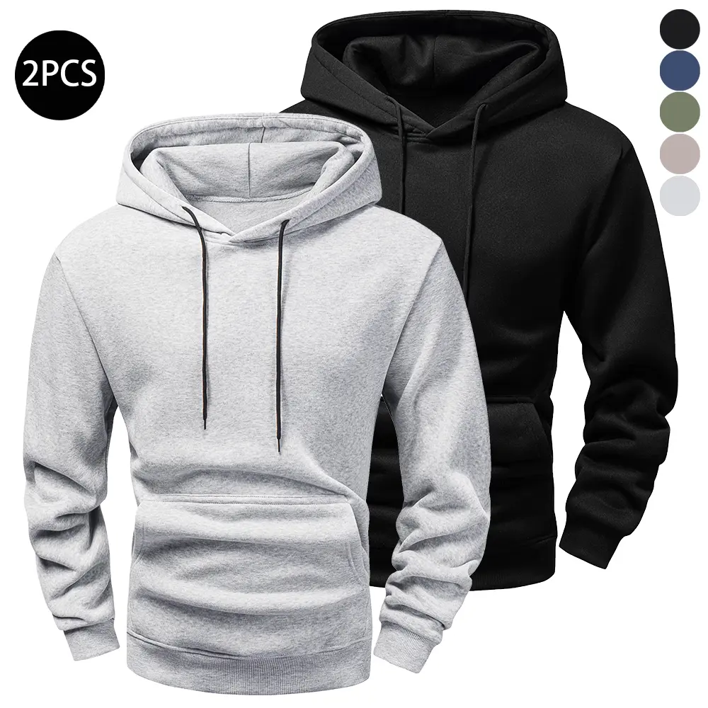 Men's Fitted Hooded Pullover Hoodie - Stylish, Plain Solid, Clean Profile, Hooded Adds Polish, Warm, Comfy Poly Athleisure Layer, Black+Light Gray, Autumn Winter Casual Sports Outerwear, Minimalist Everyday Fashion Top, Casual Days to Light Sports