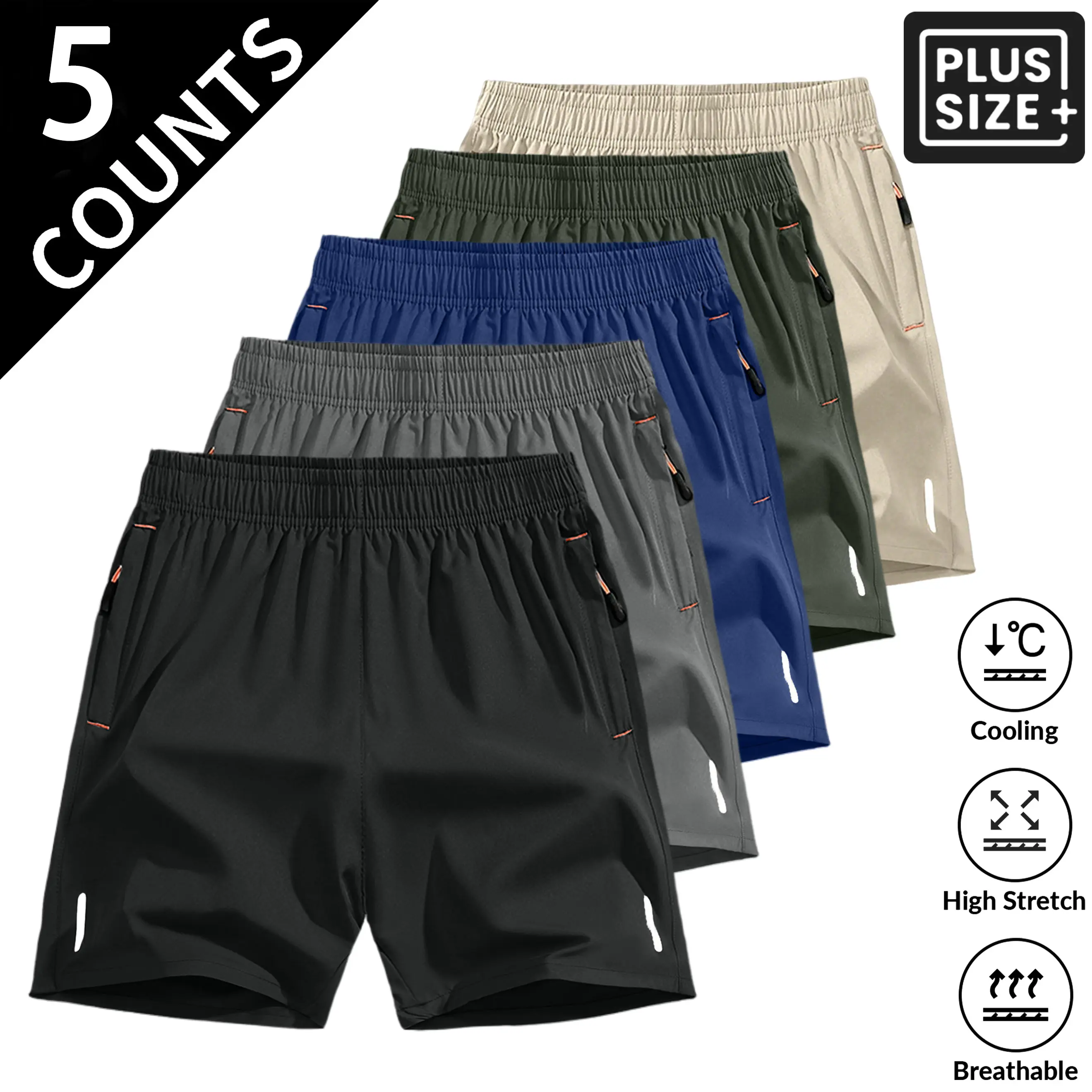 Plus Size Men’s 5-Pack Lightweight Soft Fabric Shorts with Zipper Pockets and Drawstring Elastic Waist — Suitable for Daily Commuting, Sports, and Casual Wear