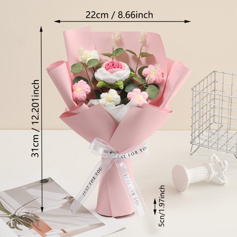 【Valentine's Day】Handmade knitted flower bouquet, made with yarn, one artificial flower bouquet included, comes with a transparent carrying bag,a greeting card. Suitable for Valentine's Day, Christmas, and birthday gifts, and also for home decoration.