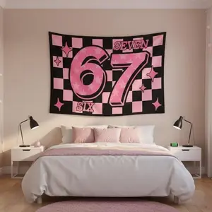 Pink & Black Checkered 67 Tapestry - Trending Six-Seven Aesthetic Wall Decor - Y2K Preppy Style Dorm Hanging Art - Cute Girly Room Accessory - Multi-Size